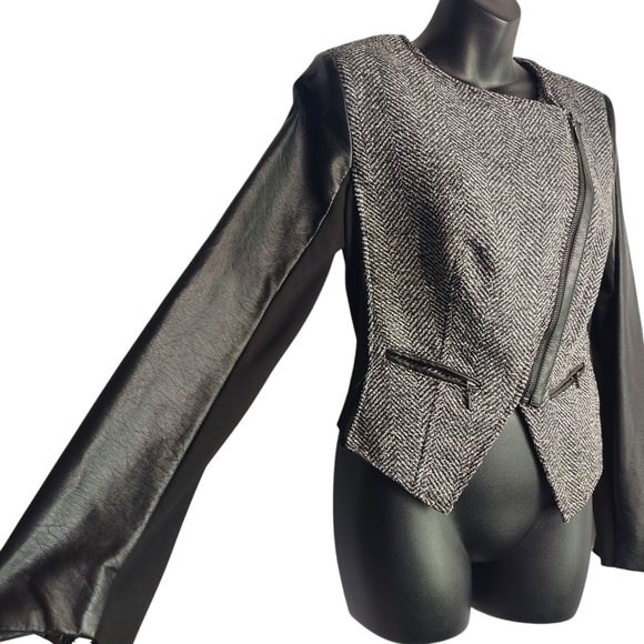 Candie's Jacket Woman's Black Gray Long Sleeve Tweed Faux Leather Size M - Picture 9 of 10
